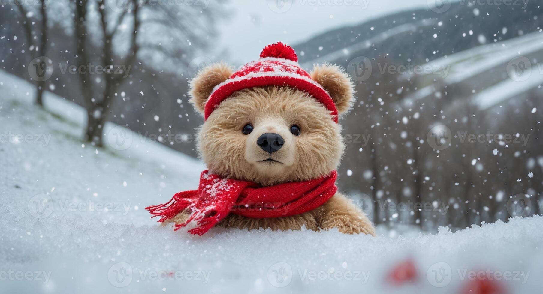 Cute Teddy Bear in Winter Wonderland. Wearing a Red Hat and Scarf, Snowy Landscape. photo