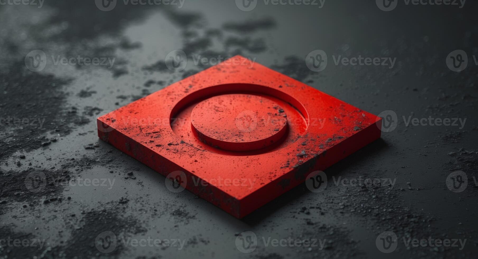 Red Square Platform with Circle, an Abstract Geometric Composition on Dark Background. photo