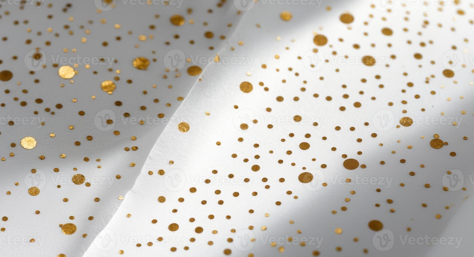 White Fabric with Gold Dots, Abstract Background, Elegant Texture, Shiny Pattern. photo