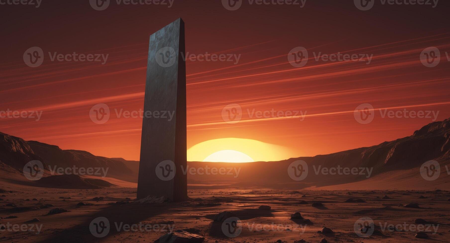 A large stone pillar in the middle of a desert photo