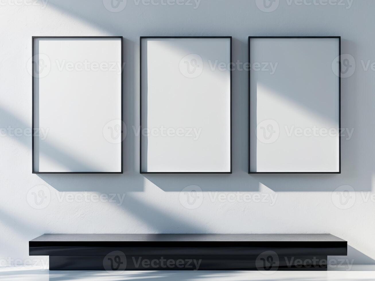 Three Frames on a White Wall with a Black Bench, Light and Shadow Composition. photo