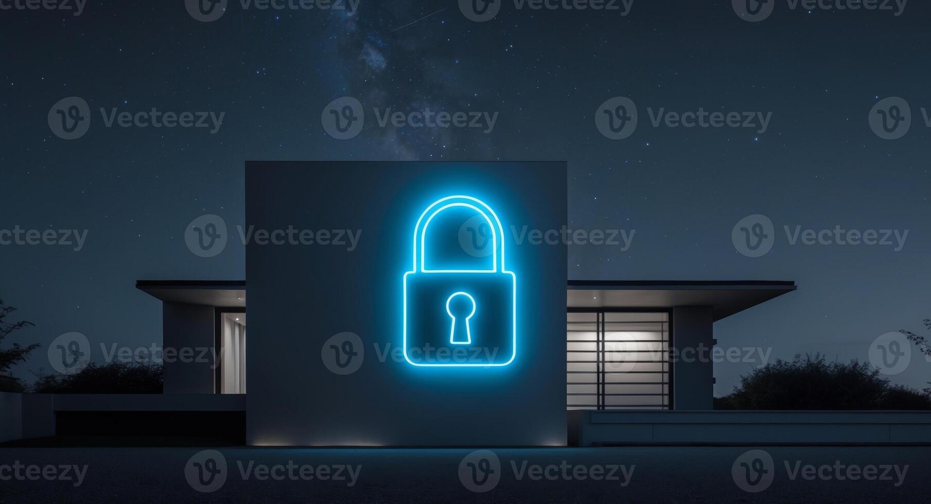Modern Home with Neon Padlock Symbol Displayed Prominently at Night, Security Concept. photo