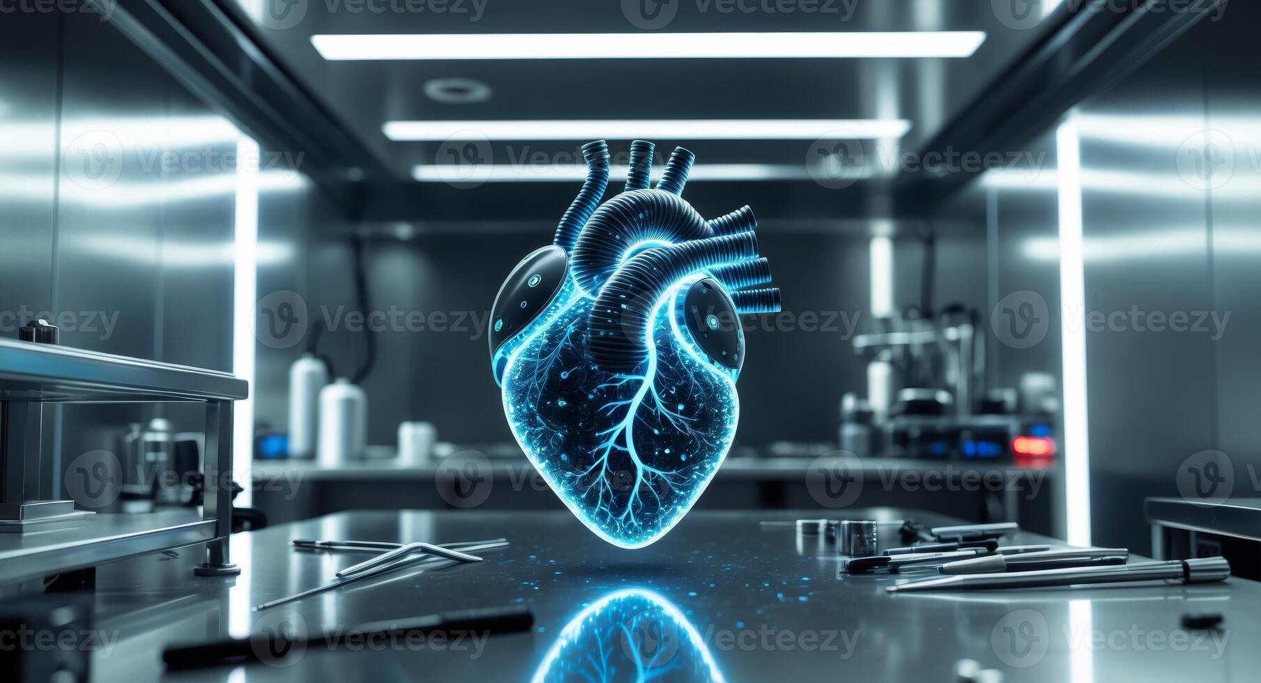 Artificial Heart Technology. Futuristic Heart Model in a Surgical Environment. photo
