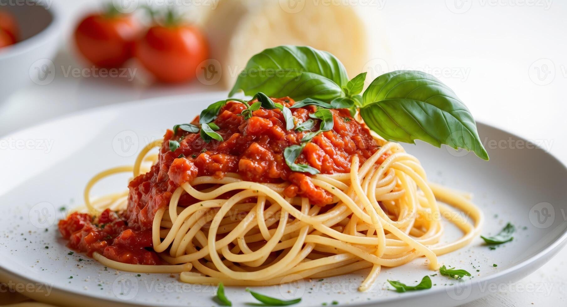 Delicious Spaghetti with Tomato Sauce and Basil, a Classic Italian Meal. photo