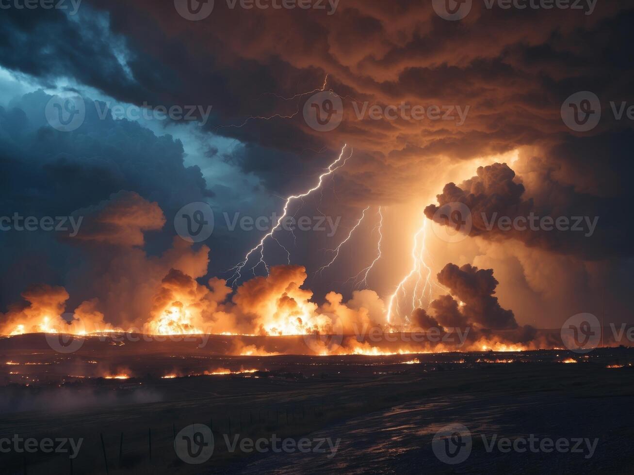 Thunderstorm Ignites a Wildfire. A Dramatic Display of Natures Power and Destruction. photo
