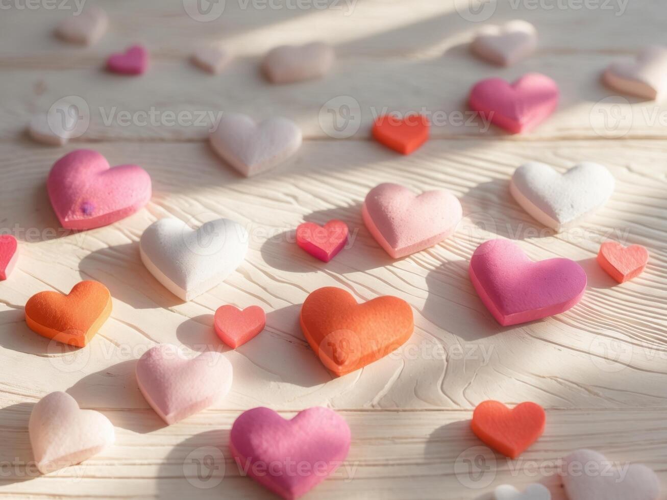 Pastel Hearts on Wooden Surface. A Valentines Day or Romantic Concept Still Life. photo