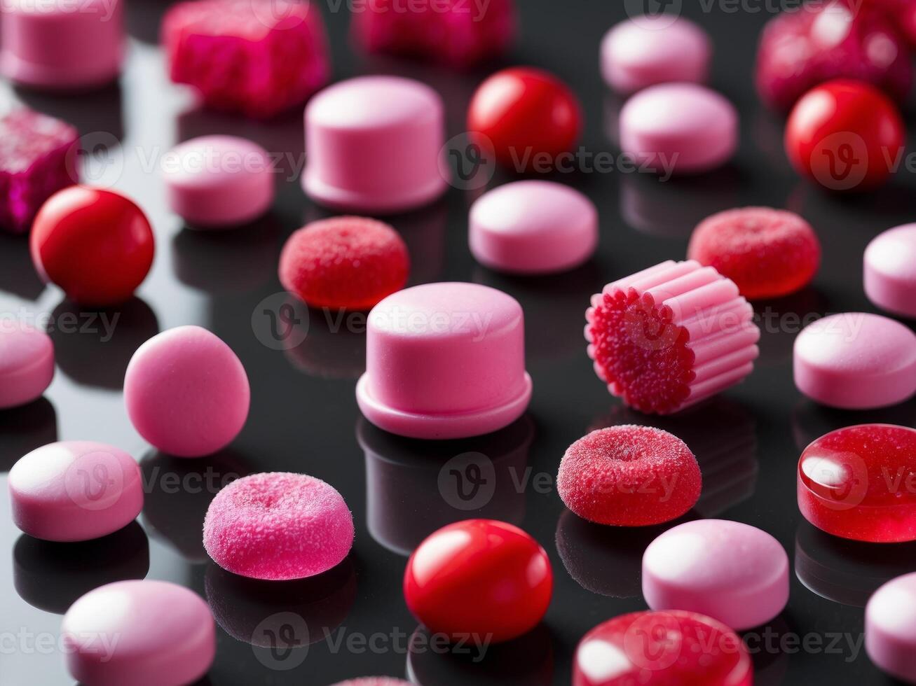A collection of candy and sweets on a black surface photo