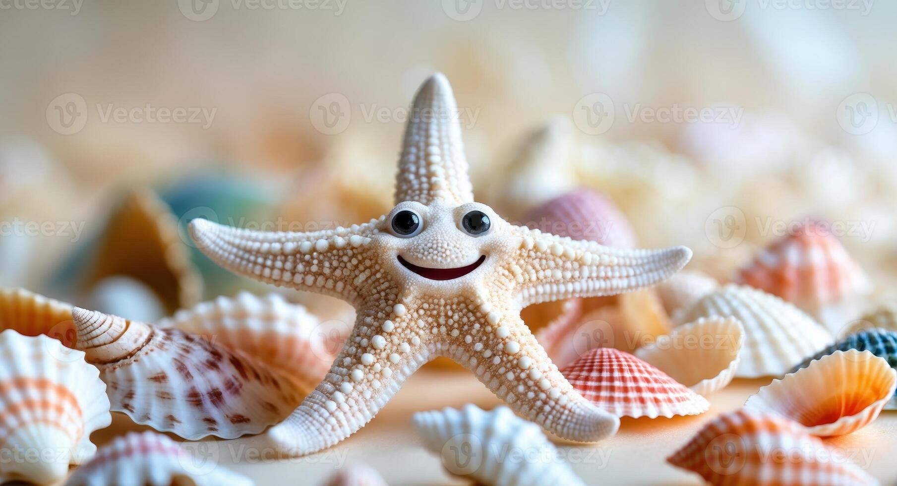 Adorable Starfish Character Smiling Among a Collection of Seashells, Summer Vibes. photo