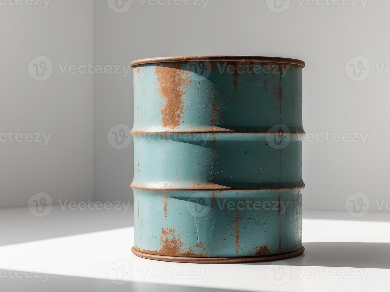 Rusty Metal Barrel with Light Blue Paint in a White Room, Abstract and Minimalistic. photo