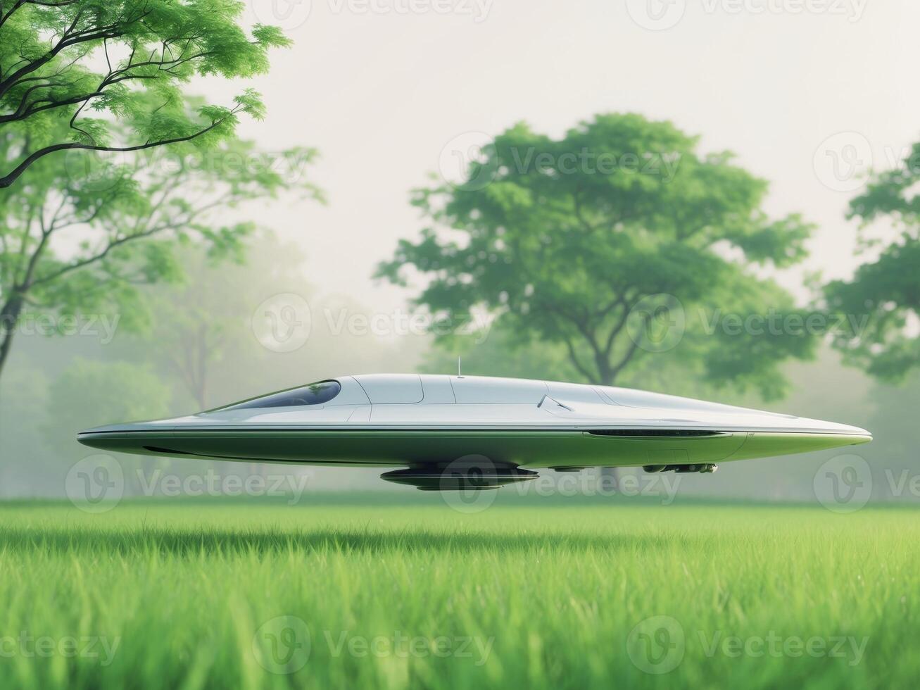 UFO in a green field, futuristic technology blending with natural environment. photo