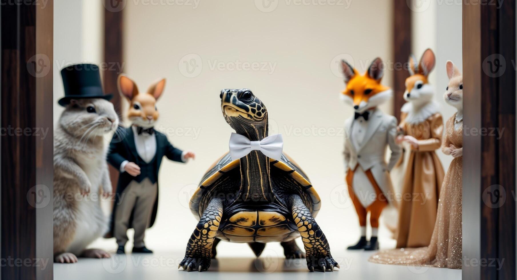 A turtle wearing a tuxedo and standing next to a group of animals photo