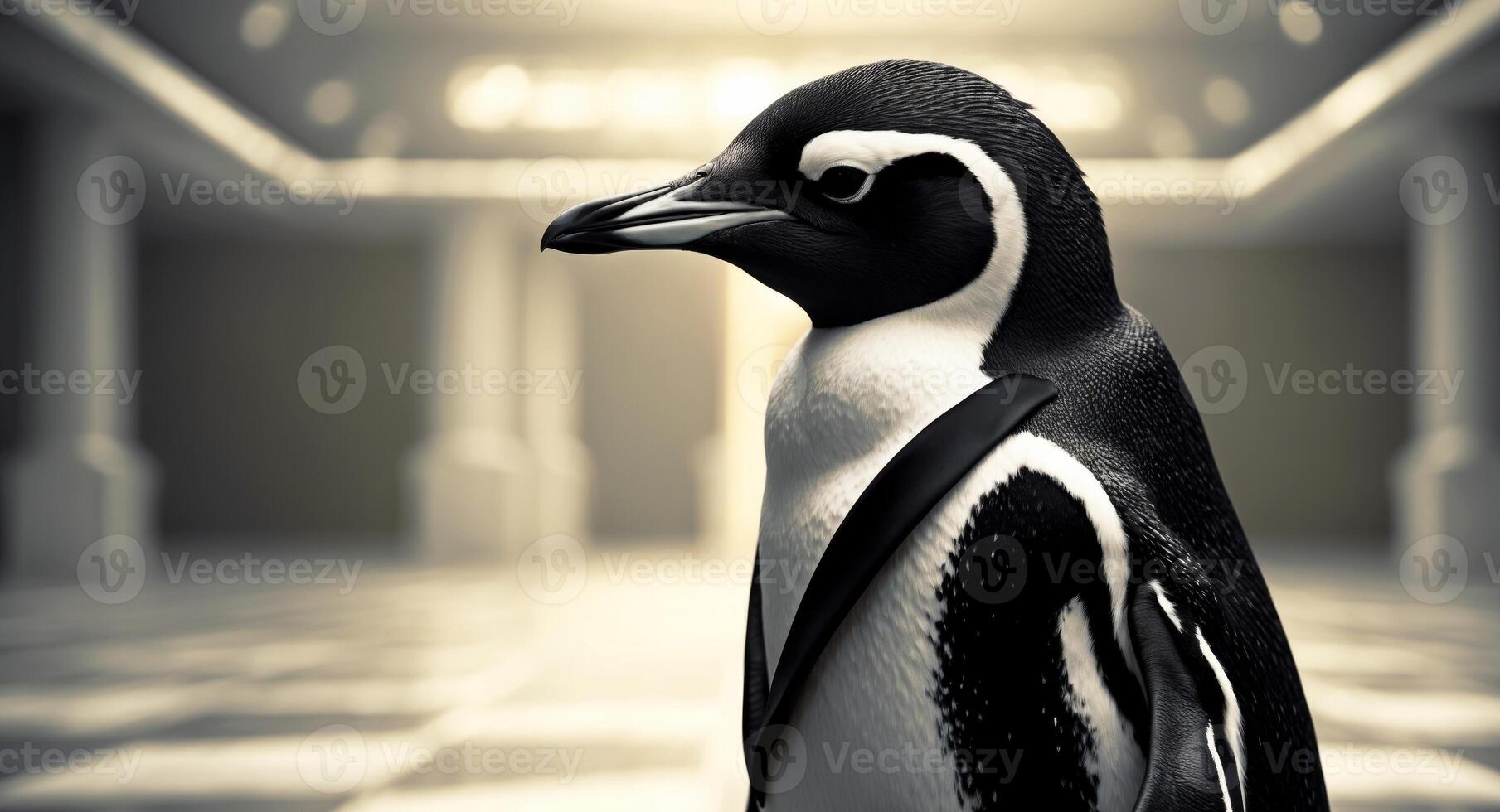 A penguin is standing in a hallway photo