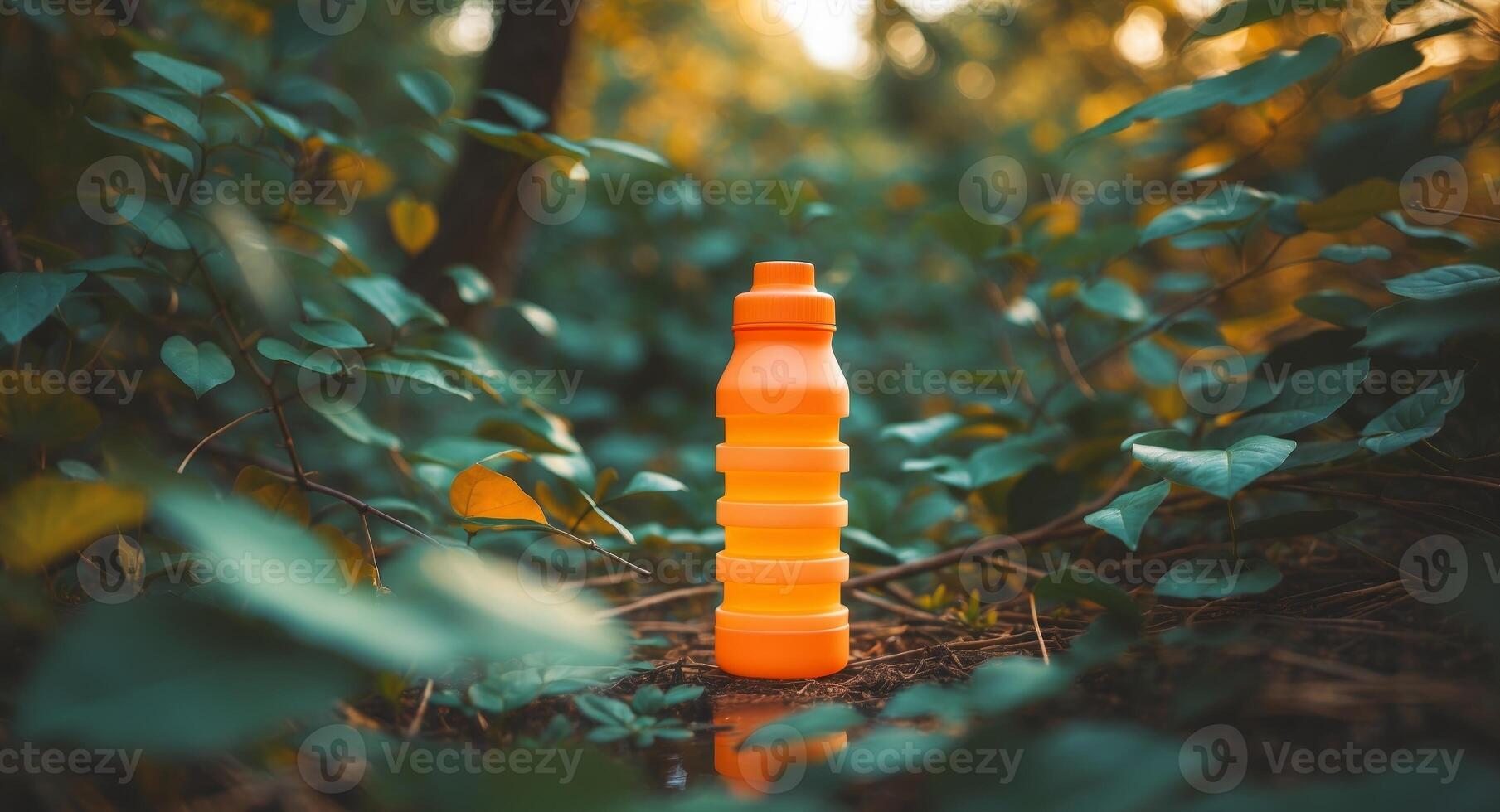 An orange water bottle sits in the middle of a forest photo
