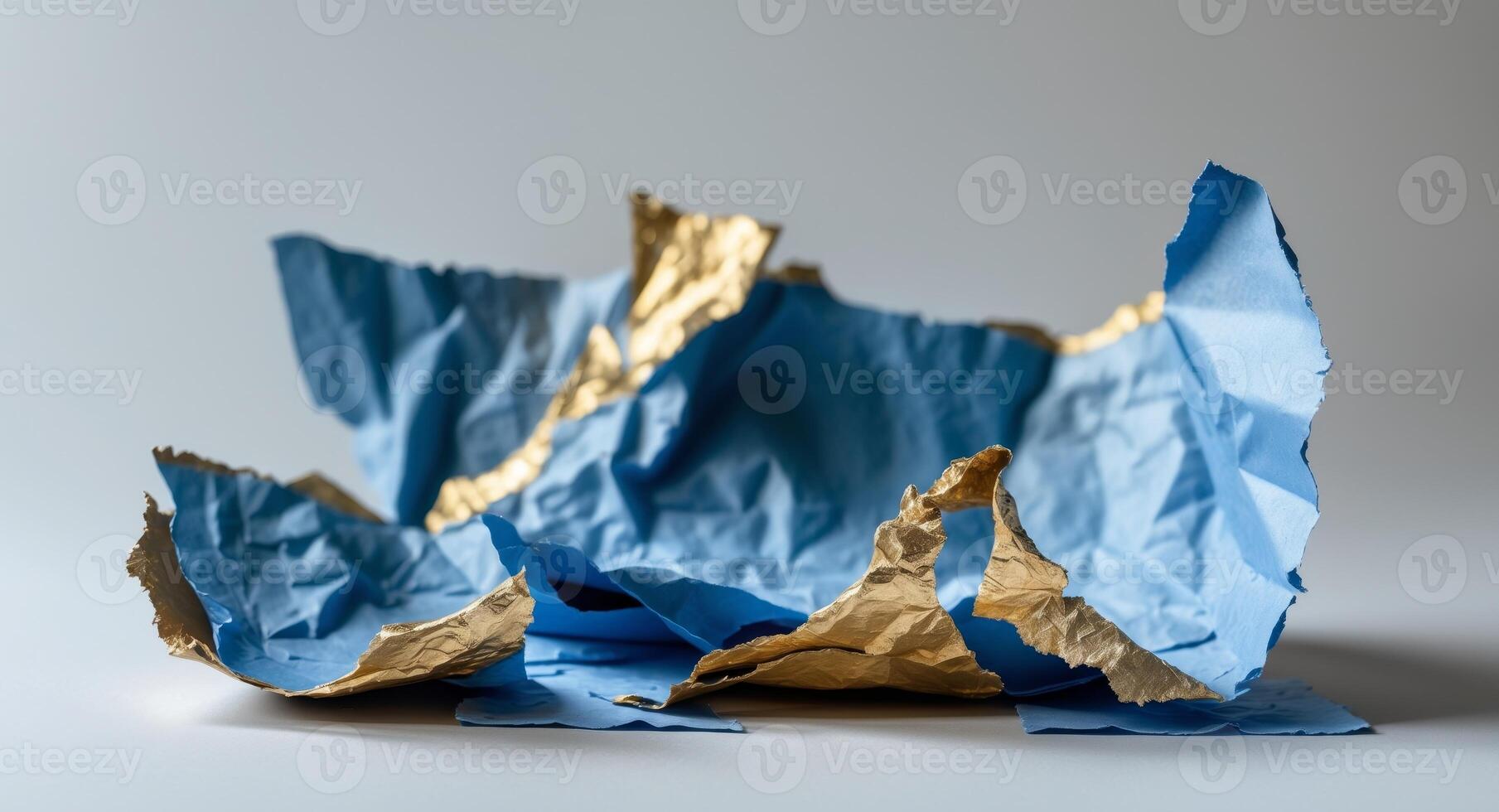 A blue and gold crumpled paper sculpture photo