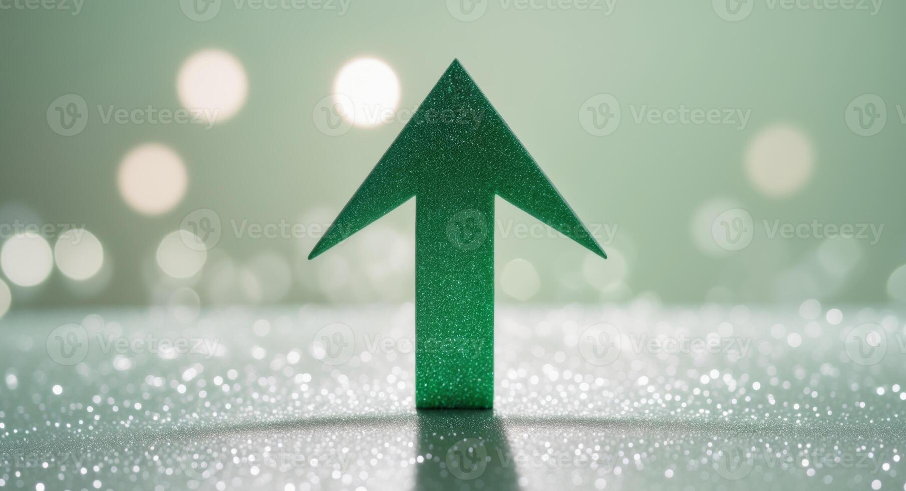 A green arrow pointing upward on a shiny surface photo