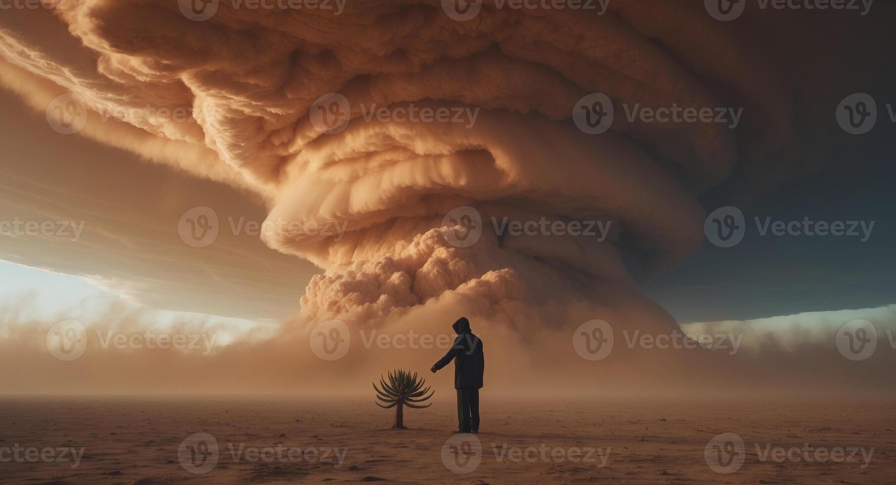 A man standing in front of a large cloud with a tree in the background photo