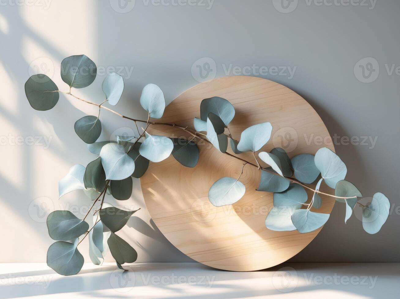 A wooden plate with eucalyptus leaves on it photo
