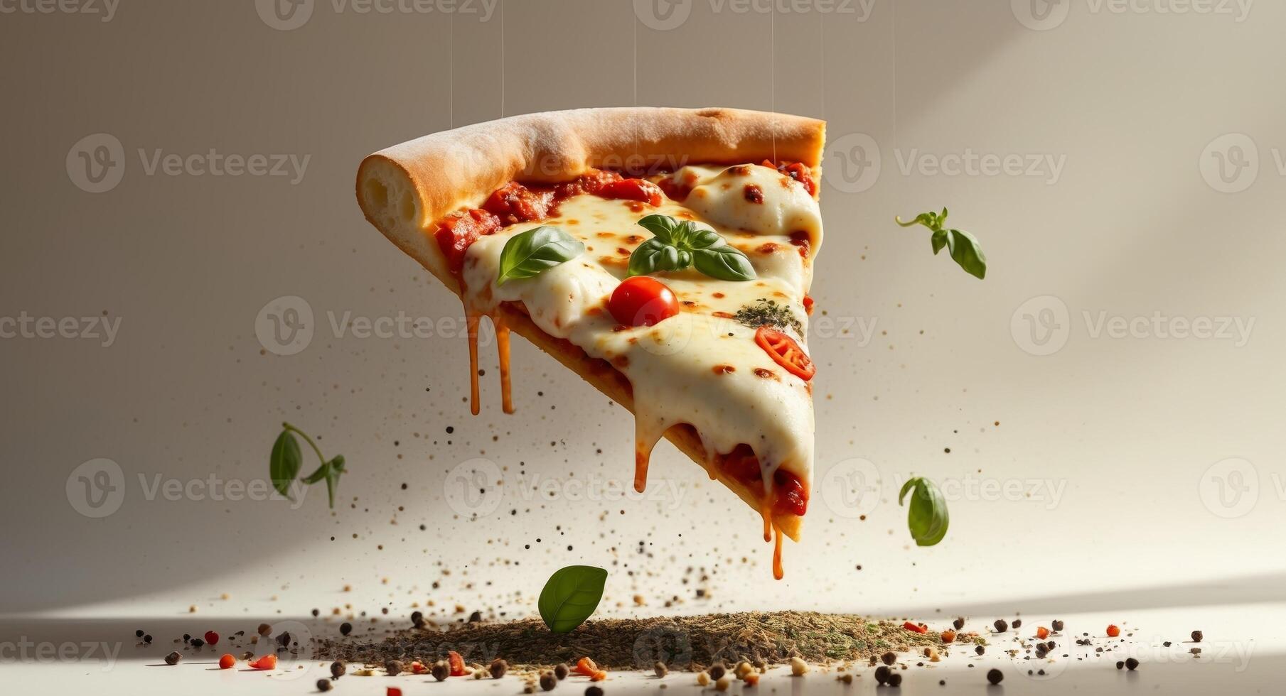 A slice of pizza is being held up by a string photo