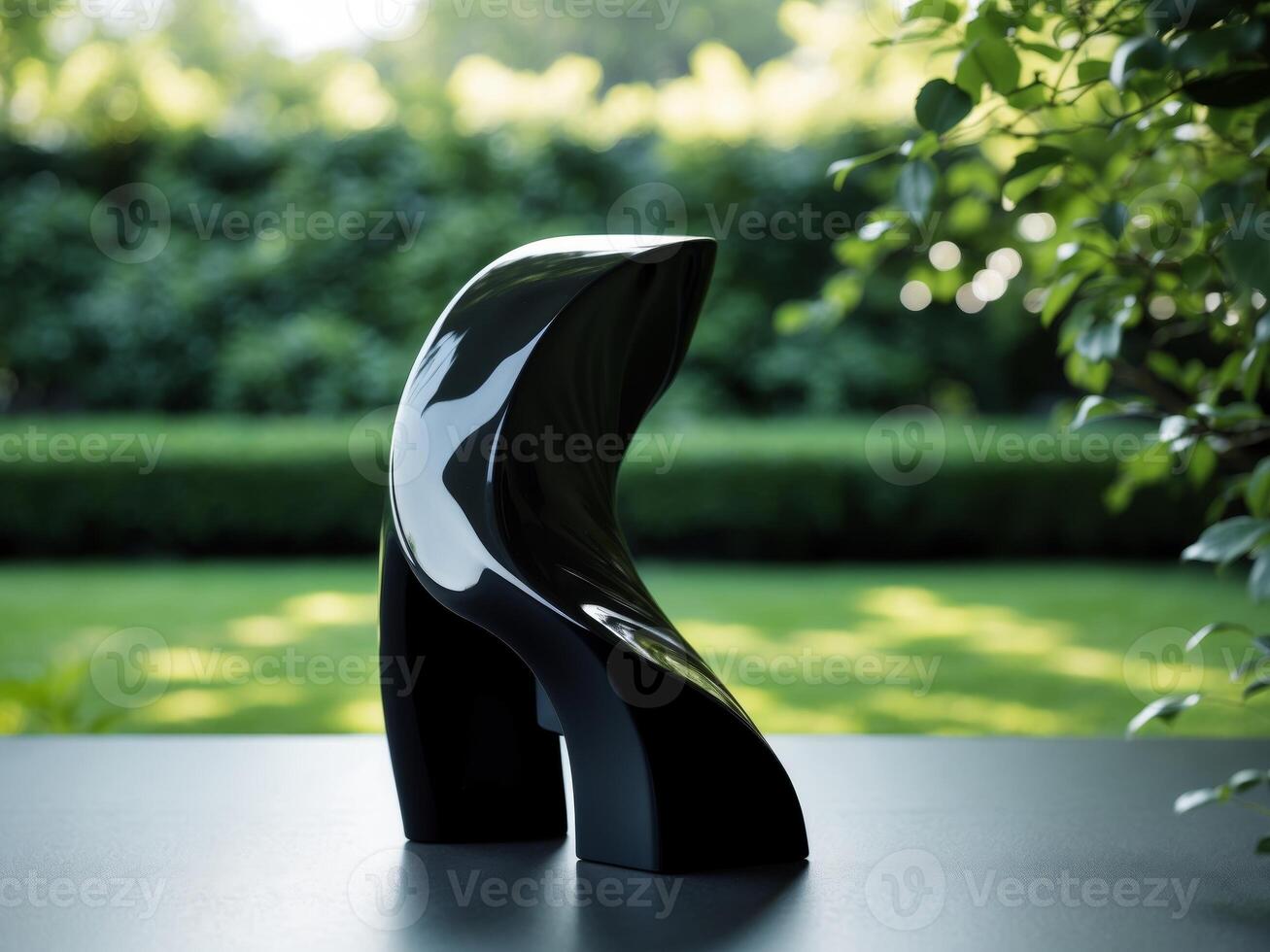 A black sculpture on a table in front of a garden photo