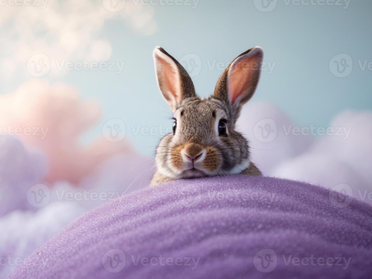 A rabbit is sitting on top of a purple pillow photo