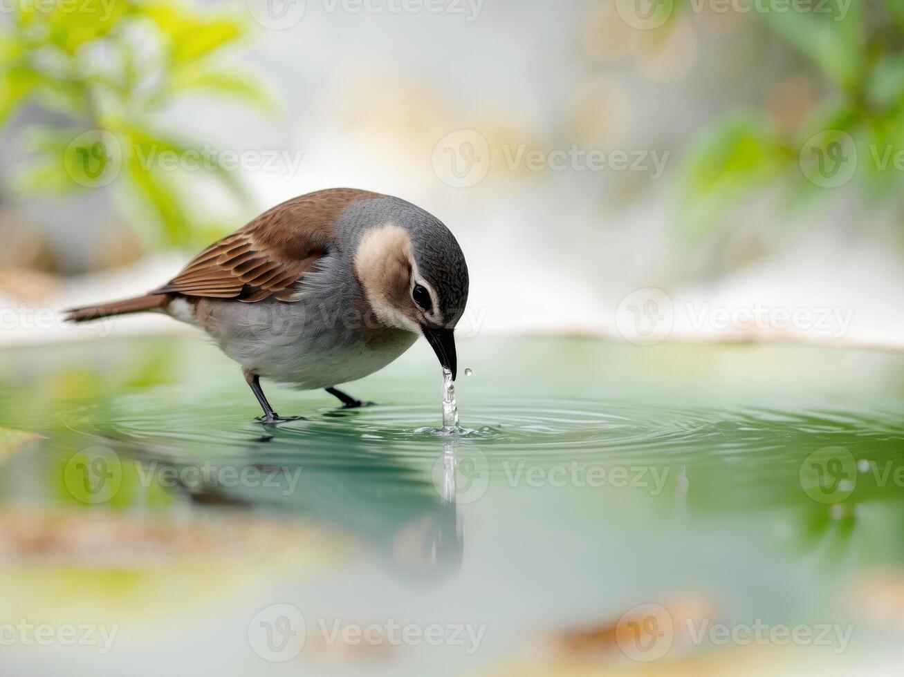A bird drinking water from a pond photo