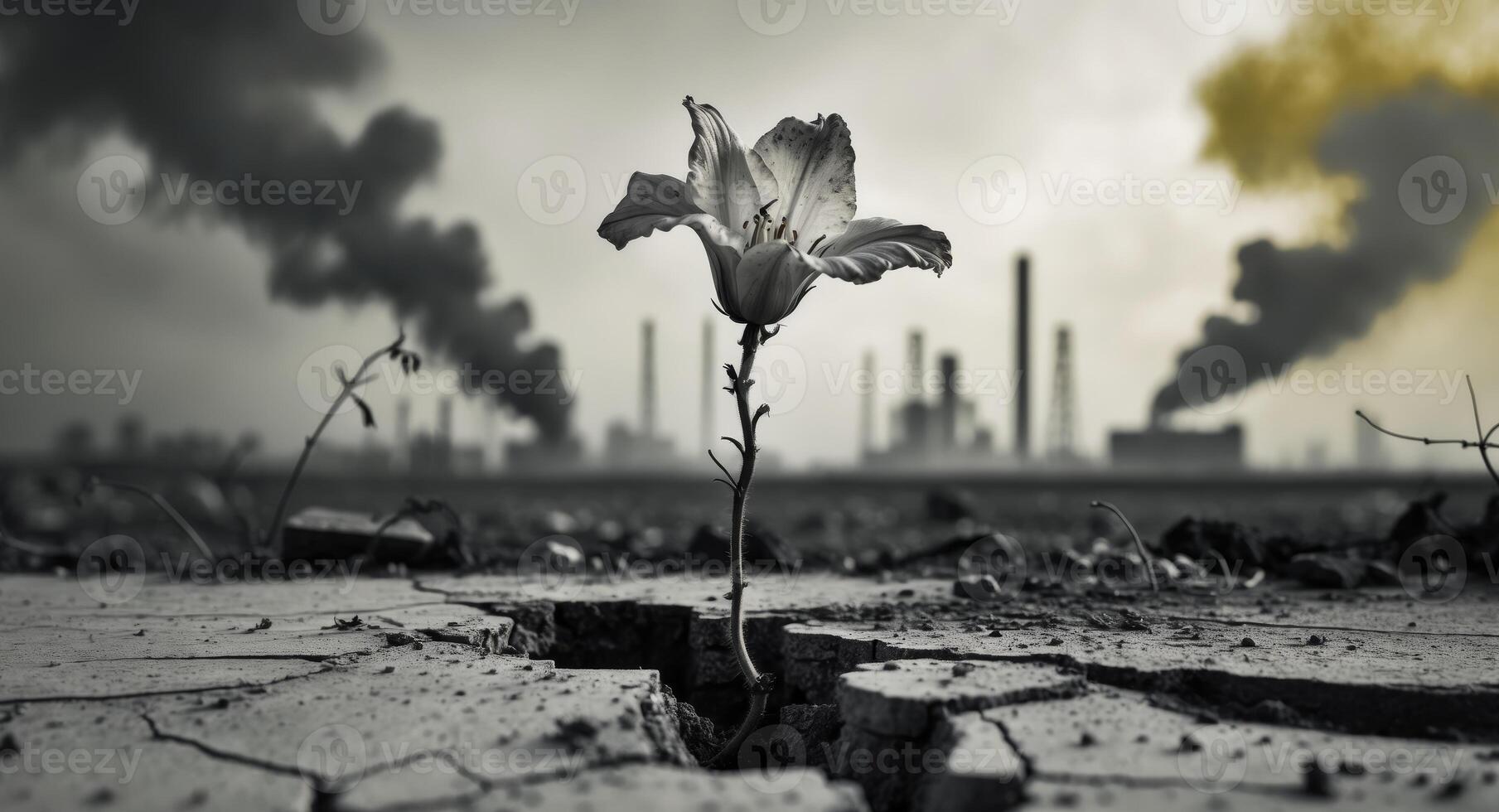 A single flower is standing in the middle of a crack in the ground photo
