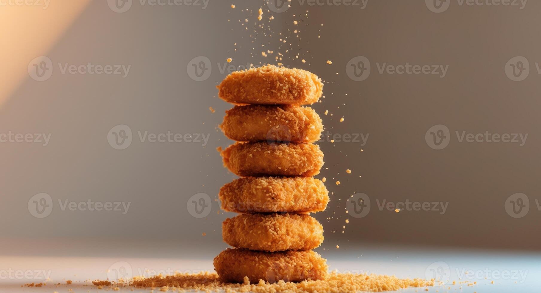 A stack of fried chicken nuggets on a table photo
