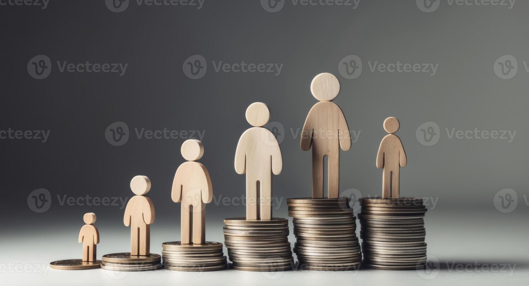 Financial Growth Chart, Wooden Figures on Coin Stacks Representing Success photo