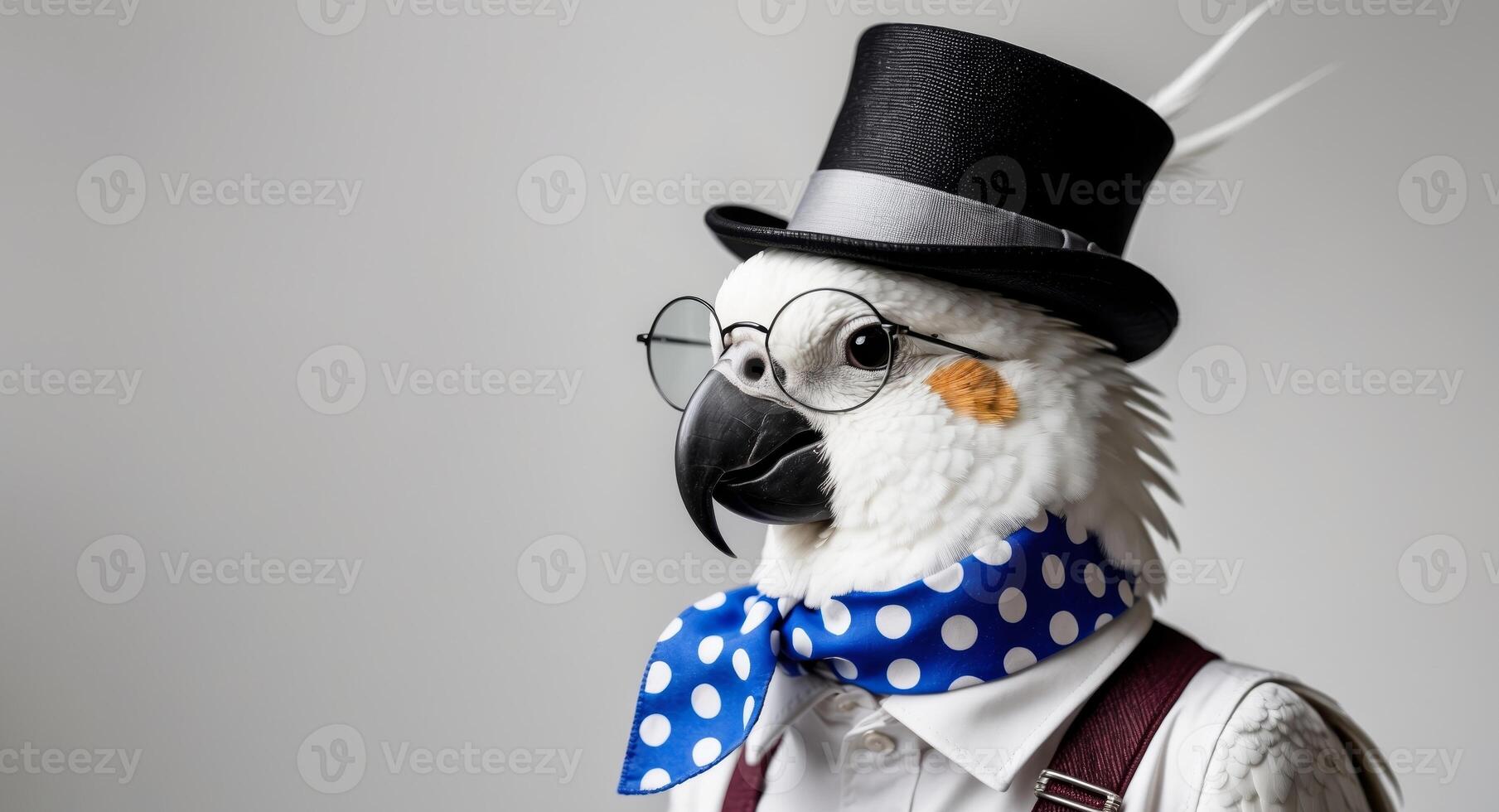 A Refined Cockatoo. Portrait of a Bird in a Top Hat, Bow Tie, and Glasses. photo