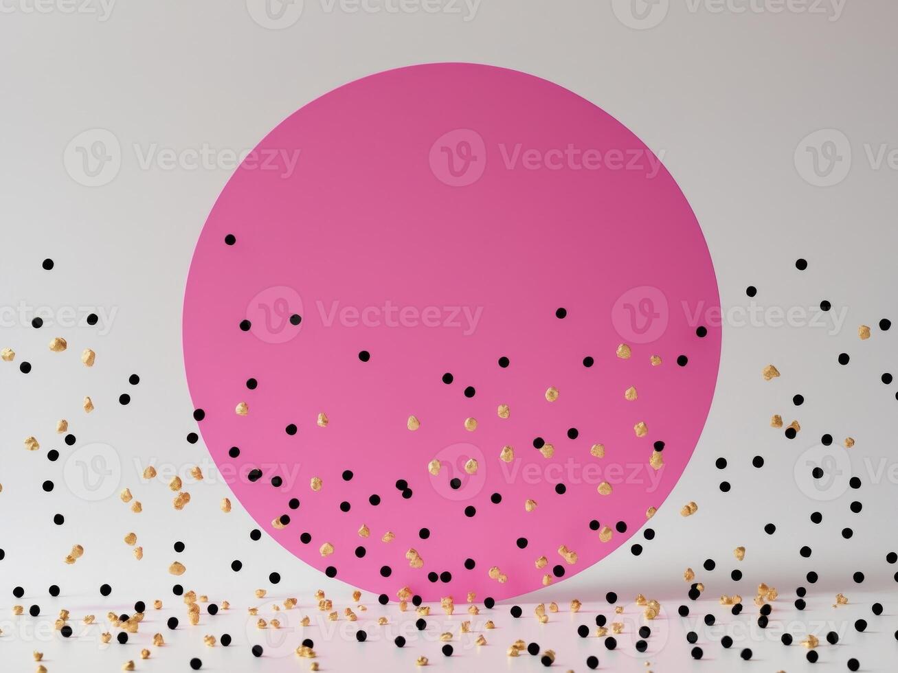 Abstract Composition with Pink Circle, Black Dots, and Golden Nuggets on White Surface. photo