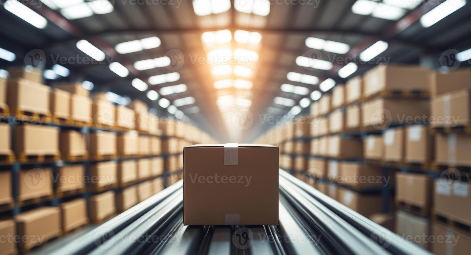 A box is sitting on a conveyor belt in a warehouse photo