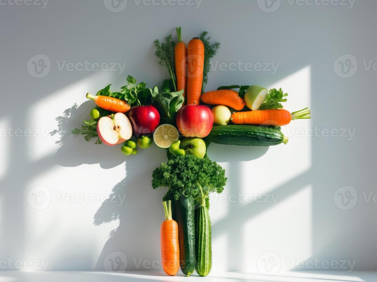 A CrossShaped Arrangement of Fresh Fruits and Vegetables on a White Background. photo