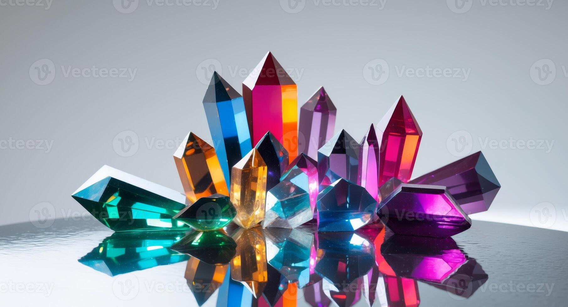 Colorful Crystal Formations Reflecting on a Smooth, Mirrored Surface, Studio Shot. photo