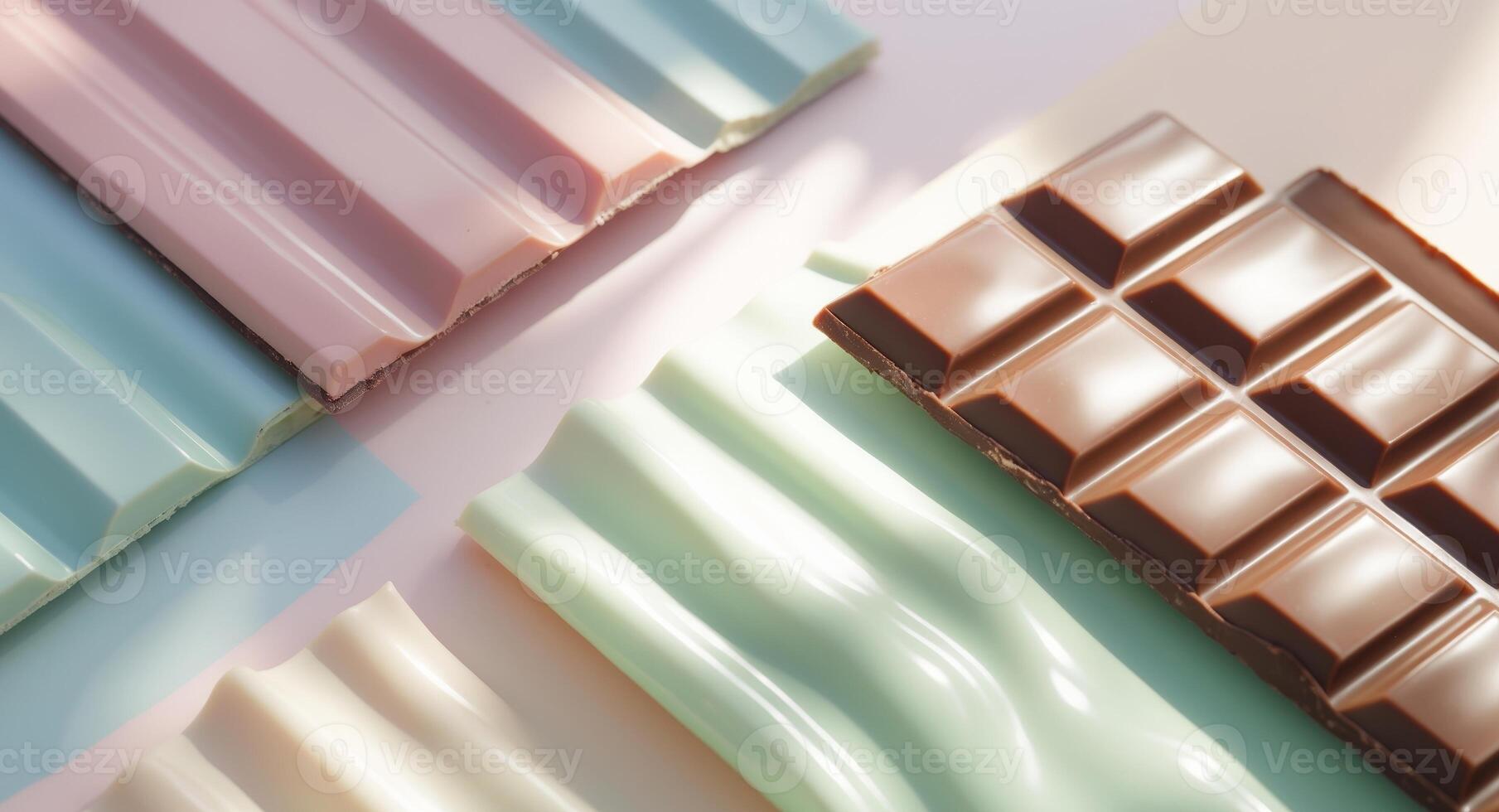 Pastel and Milk Chocolate Bars Arranged on a Light Background, Perfect for a Sweet Treat photo