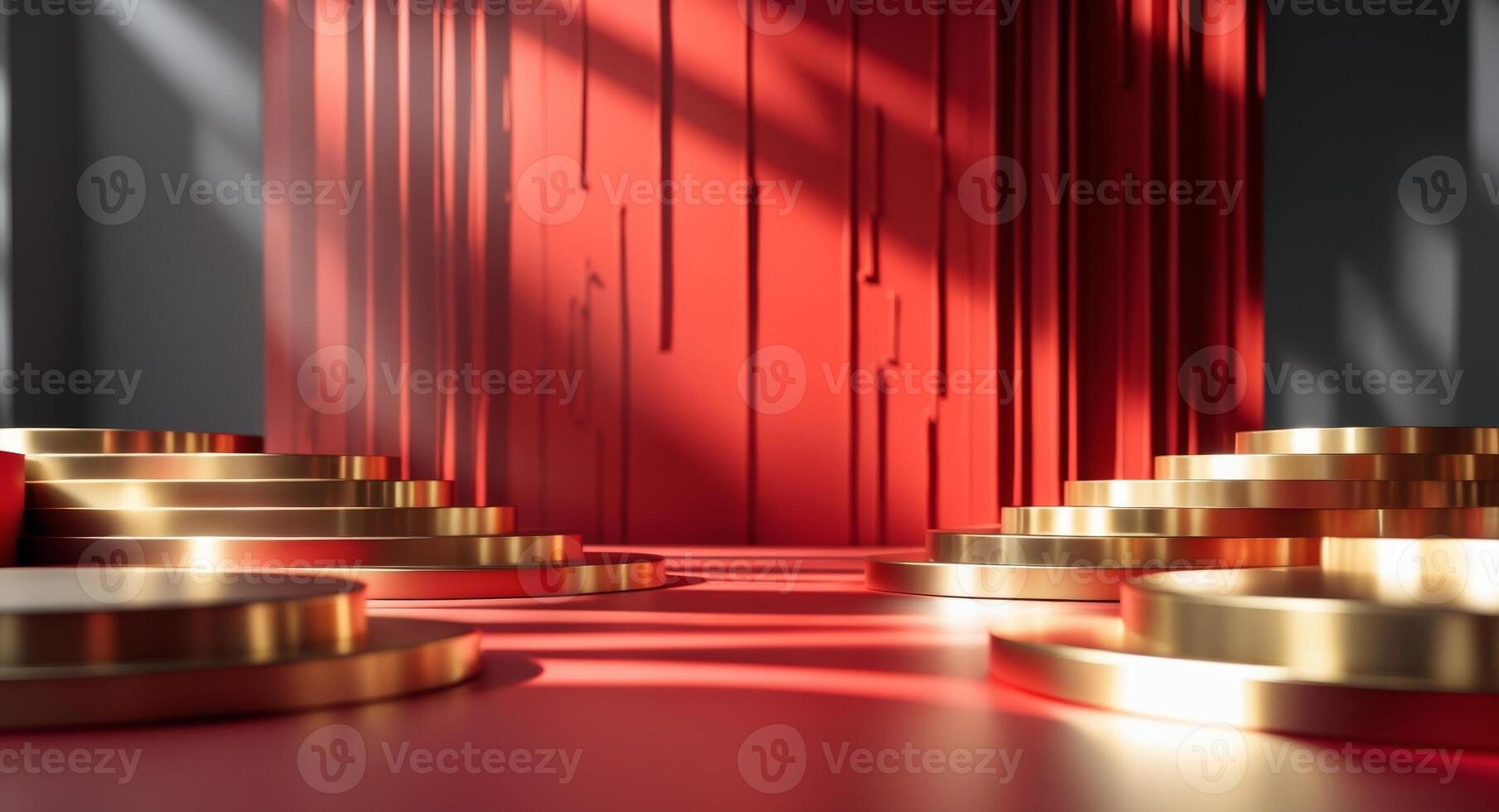 Golden Stage Platforms With Red Backdrop And Shadow Play, Ideal For Product Display. photo