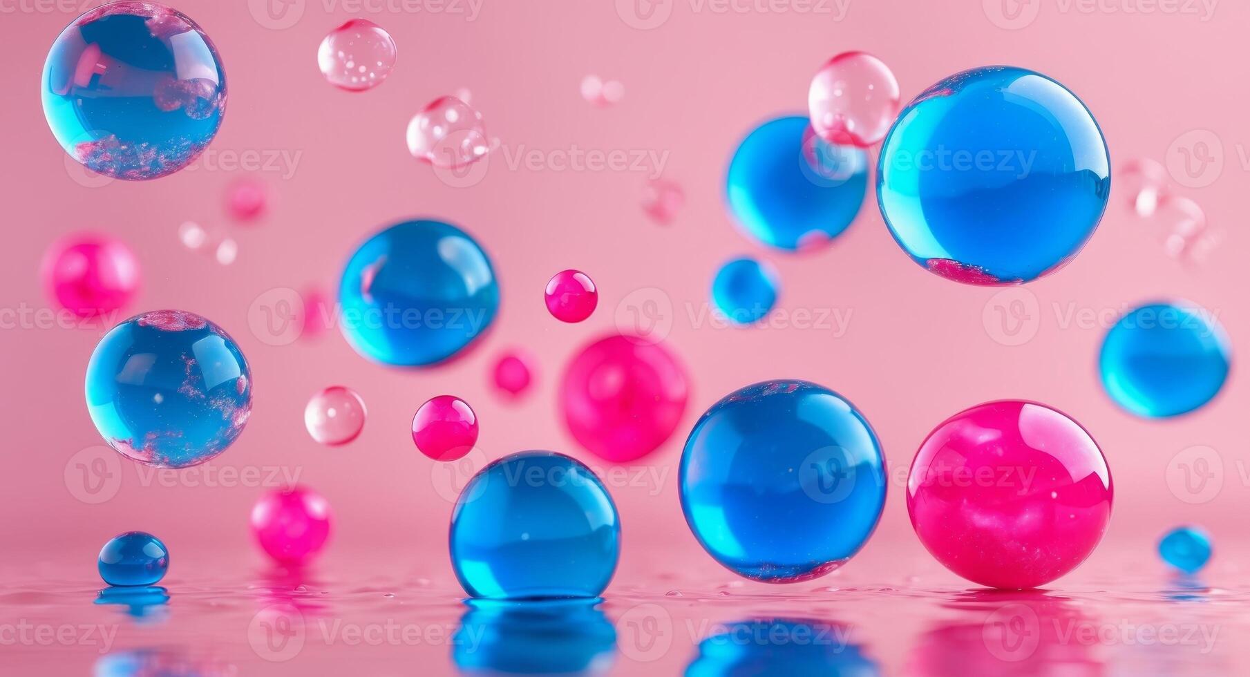 Abstract Pink and Blue Spheres Floating in a Dreamy, Reflective, and Minimalist Space. photo