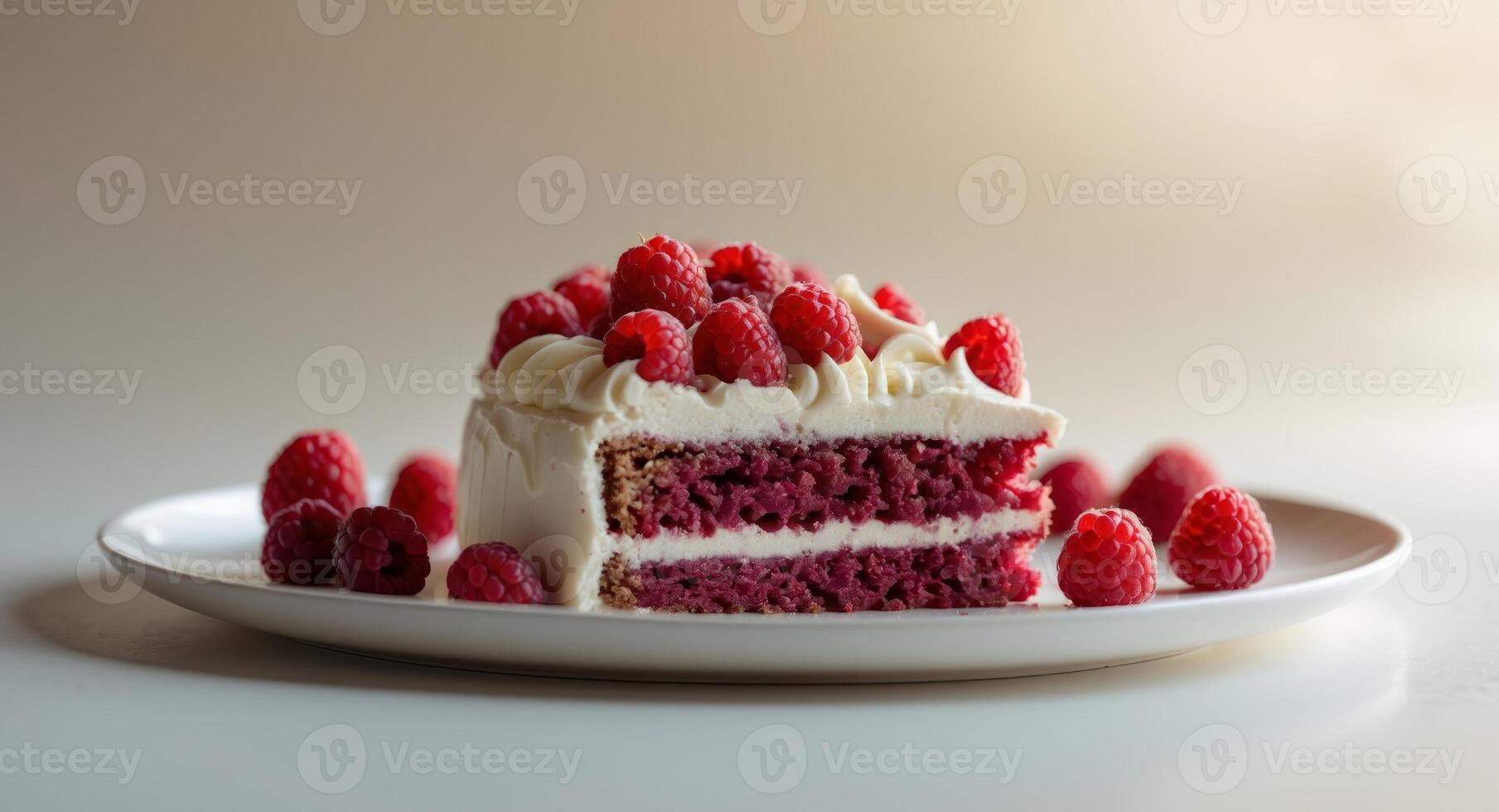 Delicious Raspberry Cake Slice with Cream Cheese Frosting, Presented on a White Plate. photo