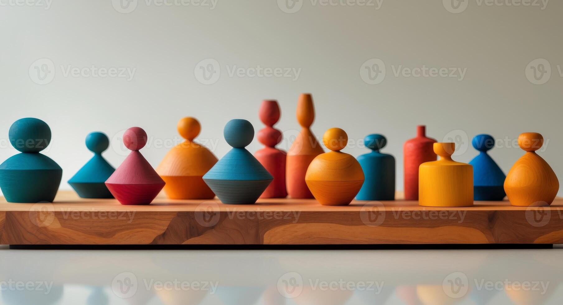 Colorful Wooden Figurines Standing on a Wooden Surface, Minimalist Concept photo