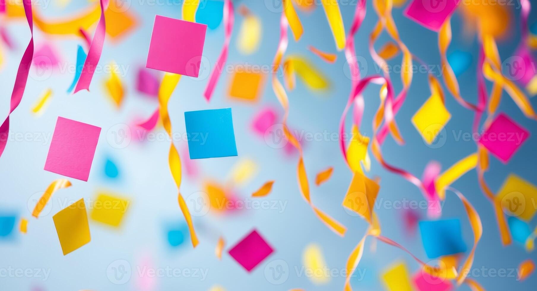Colorful Confetti and Ribbons Falling Against a Blue Background, Celebrating Success. photo