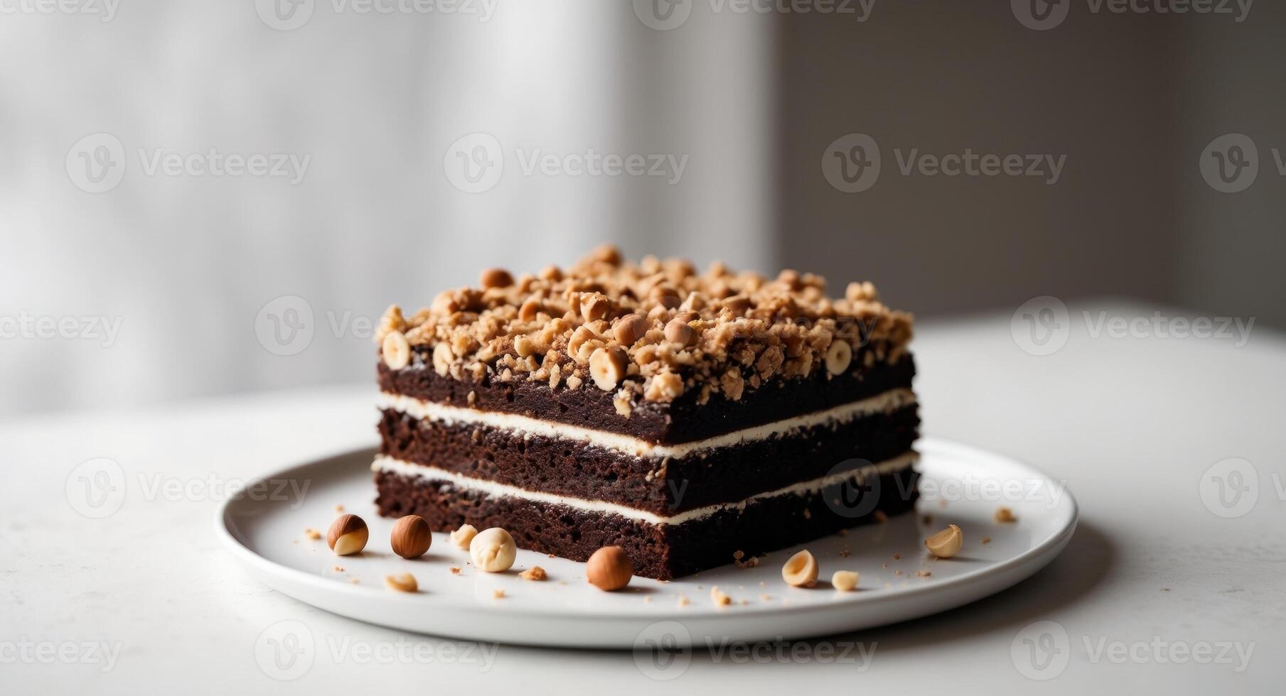 Delicious Chocolate Cake Slice with Cream Layers and Hazelnut Topping, CloseUp Shot photo