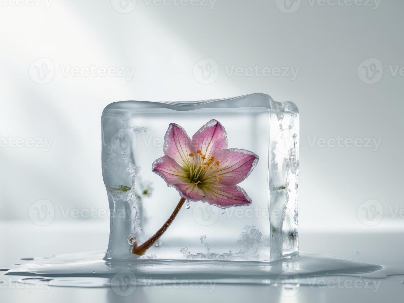 Frozen Beauty. Delicate Pink Flower Preserved in a Melting Ice Cube, Still Life. photo
