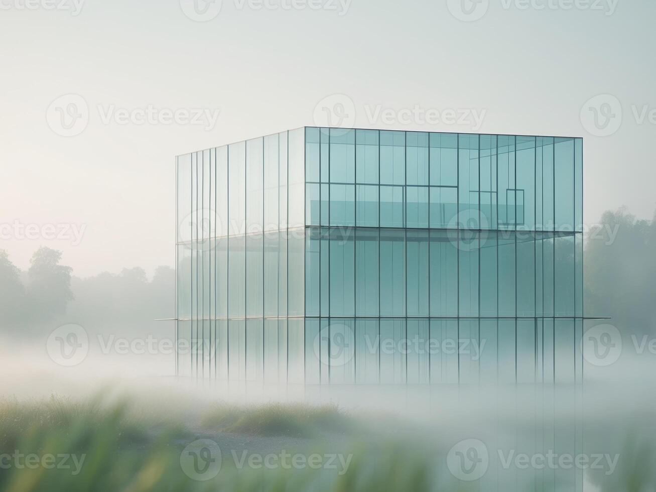 A glass building in the fog on a lake photo