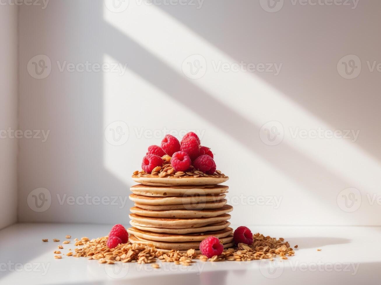 Stack of pancakes with raspberries and granola photo
