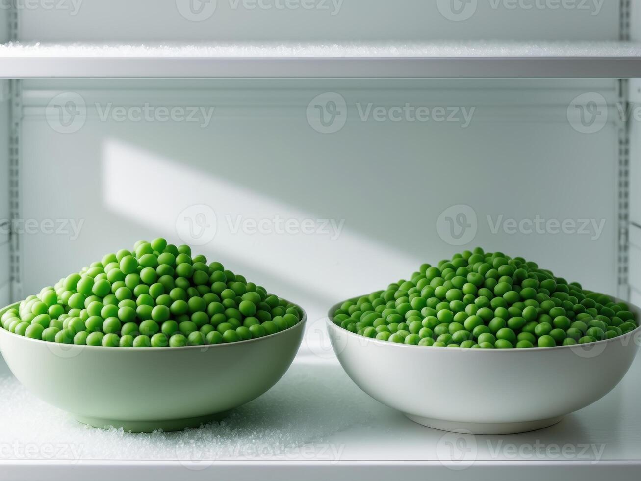 Two bowls of peas sit in an open refrigerator photo