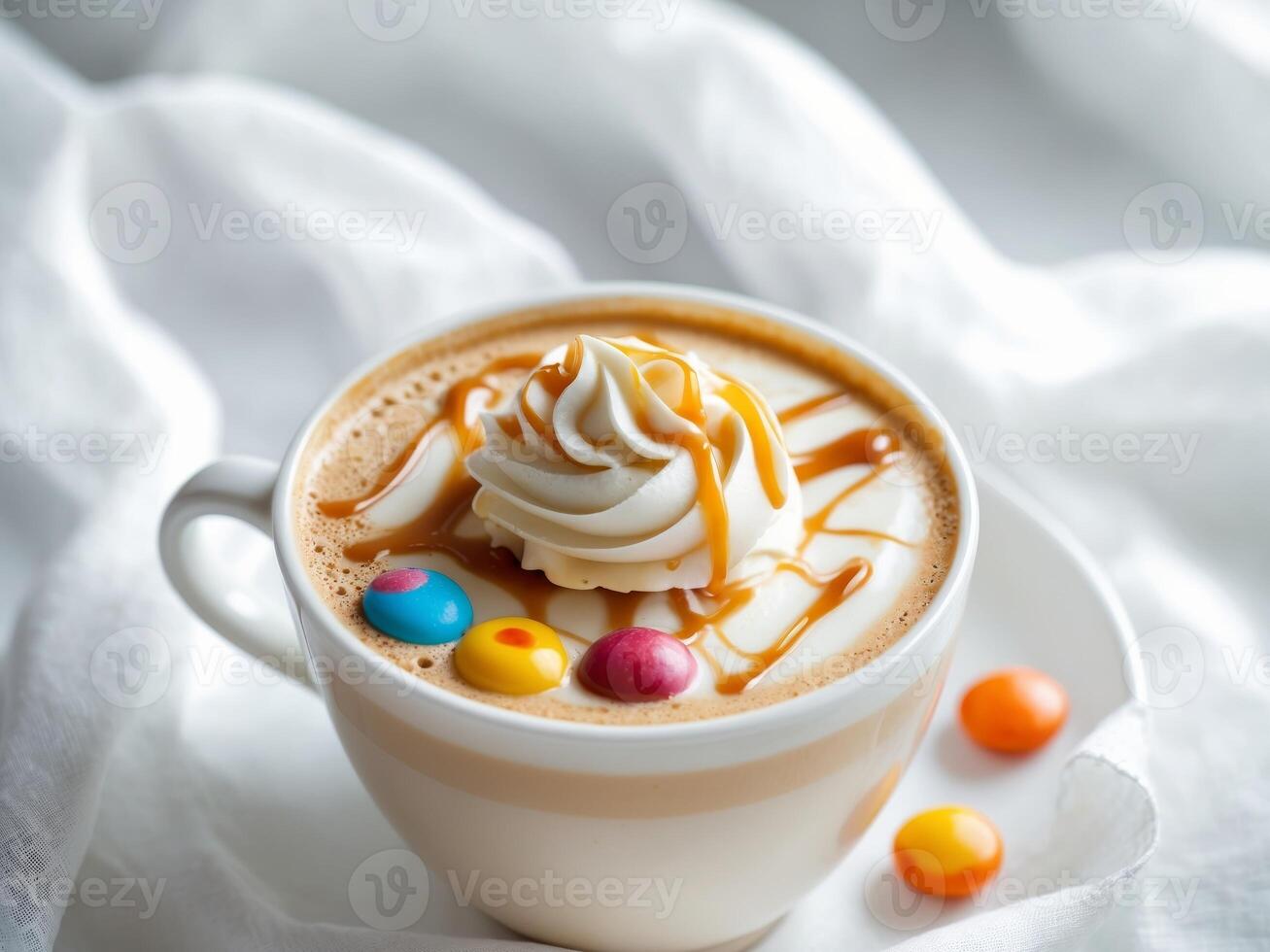 A cup of coffee with whipped cream and candy photo