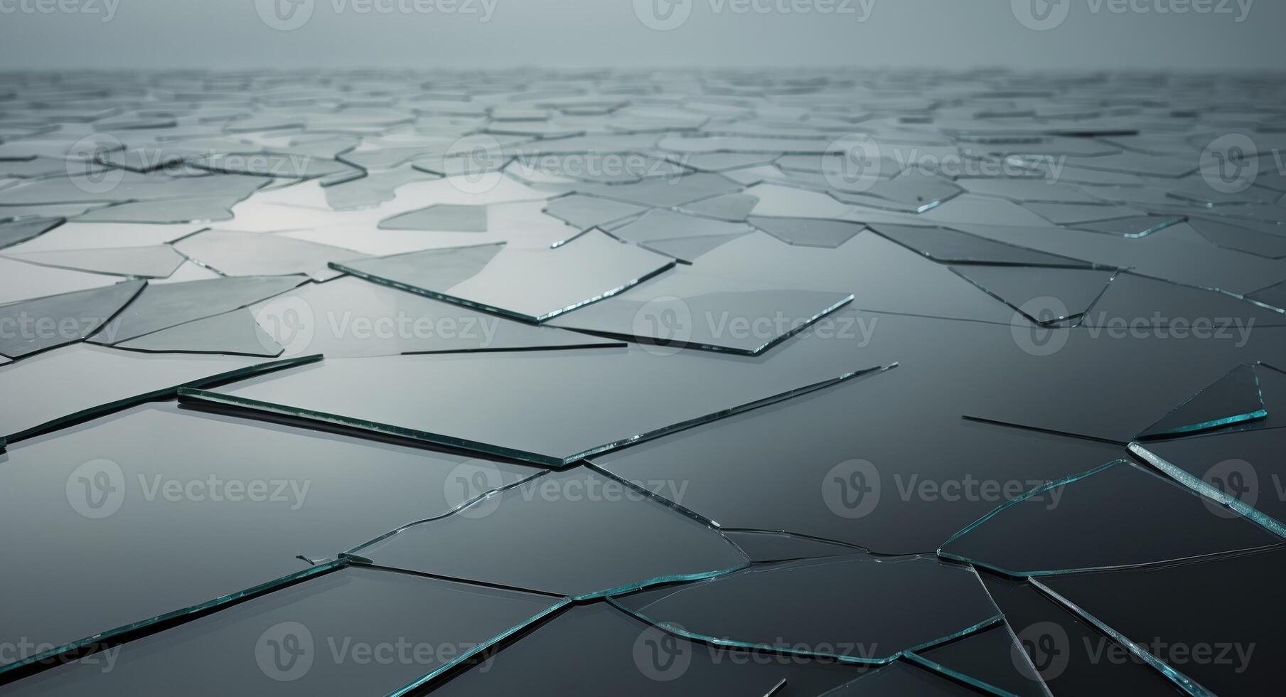 Broken glass on the ground with a gray sky photo