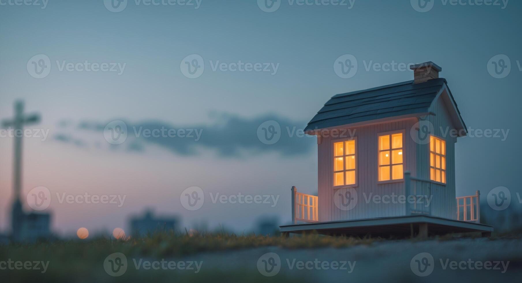 A miniature house sits on top of a hill at dusk photo