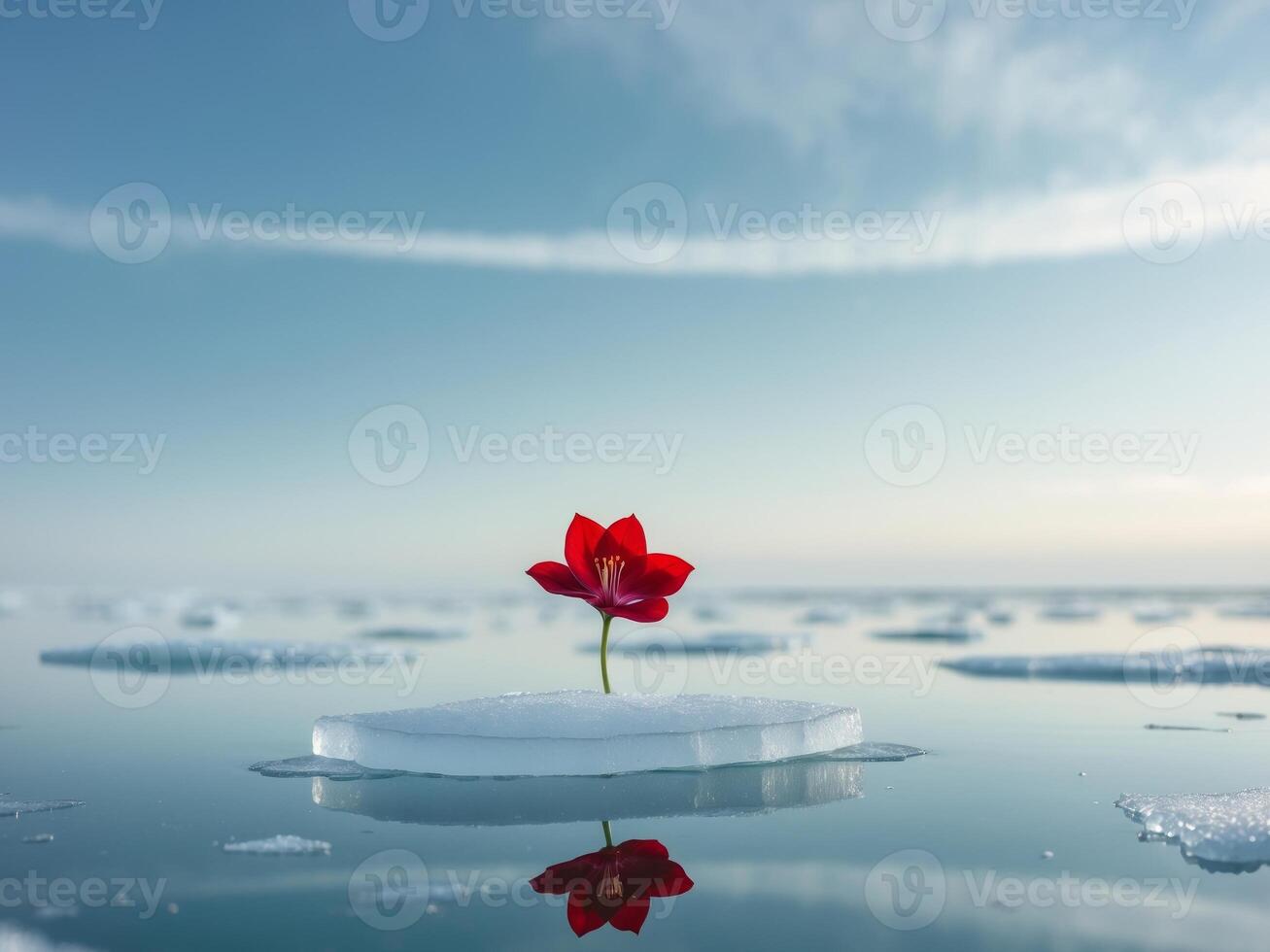 A single red flower is floating on top of ice photo