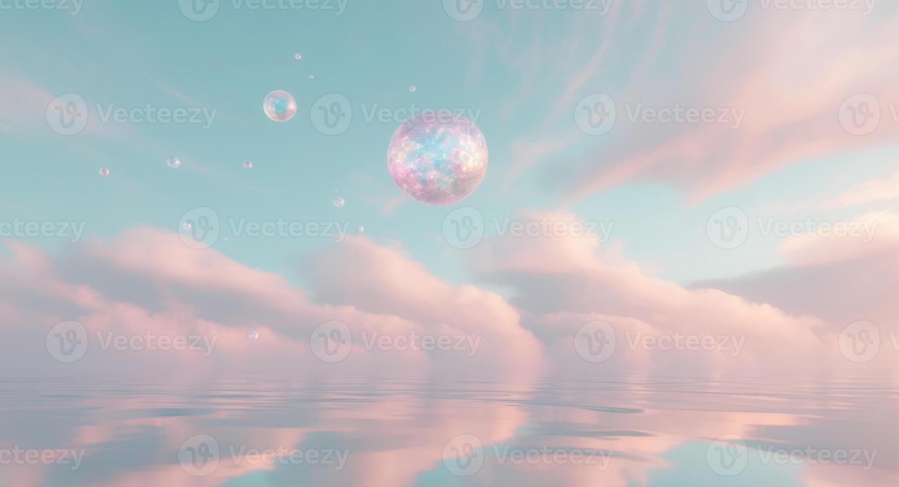 A pink sky with clouds and bubbles floating in it photo