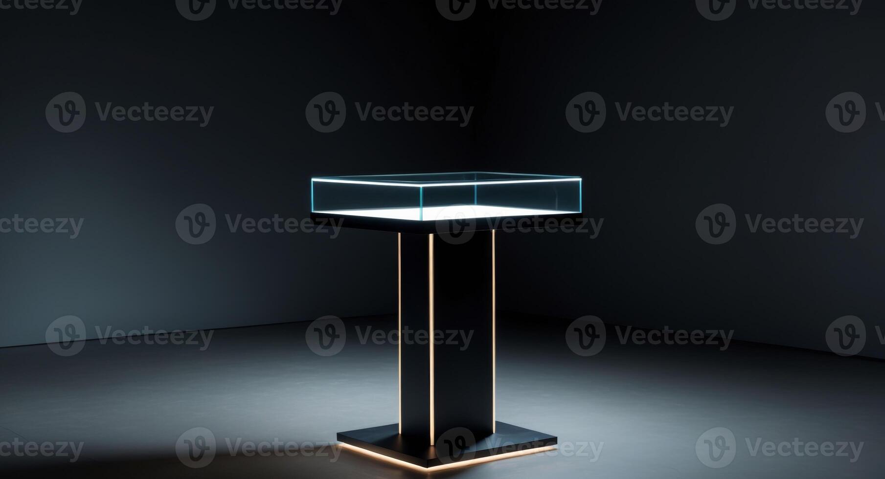 A black pedestal with a glass top and a light photo
